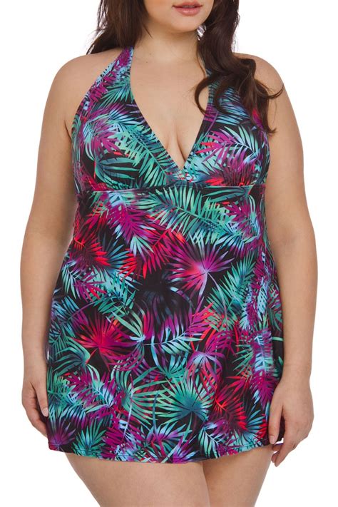 Coral Bay Plus Size One Piece Halter Dress Swimsuit In Tropical Plus