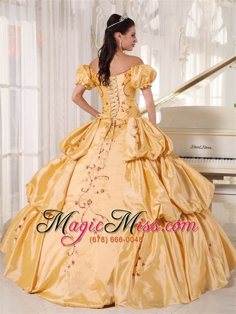 Gold Ball Gown Off The Shoulder Floor Length Taffeta Embroidery