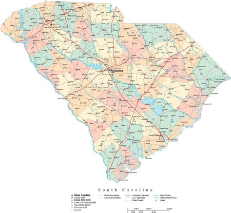 South Carolina Digital Vector Map With Counties Major Cities Roads