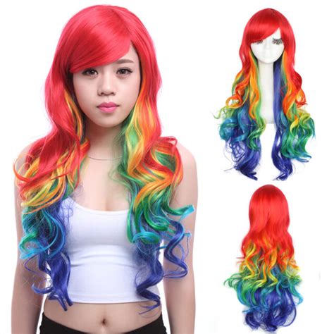 75cm Rainbow Harajuku Long Multicolour Curly Wavy Cosplay Party Hair Wig Zy72 Ebay
