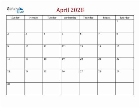 April 2028 Simple Calendar With Sunday Start