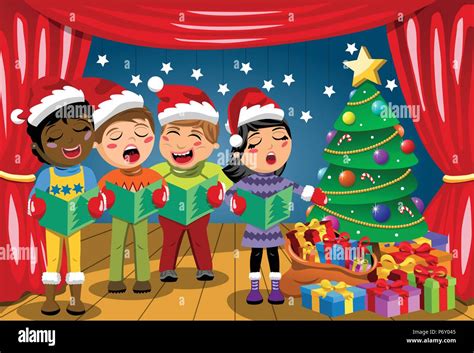 Ni Os Multiculturales Llevar Sombrero De Navidad Y Cantando Villancicos