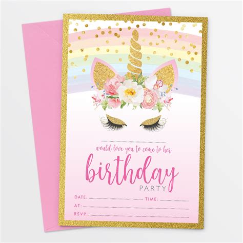 Baby shower, party invitation greeting card. 10 x Unicorn Birthday Party Invitations Invites ~ Girl ...