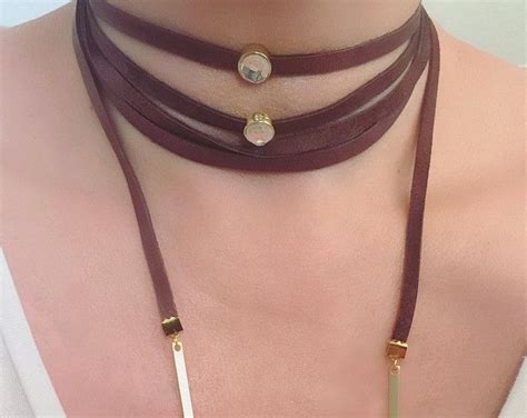 Brown Leather Wrap Choker With Bezels Gold Bars Brown Leather Tie