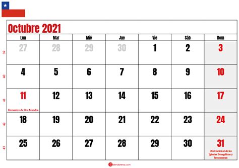 Calendario Octubre 2021 Para Imprimir