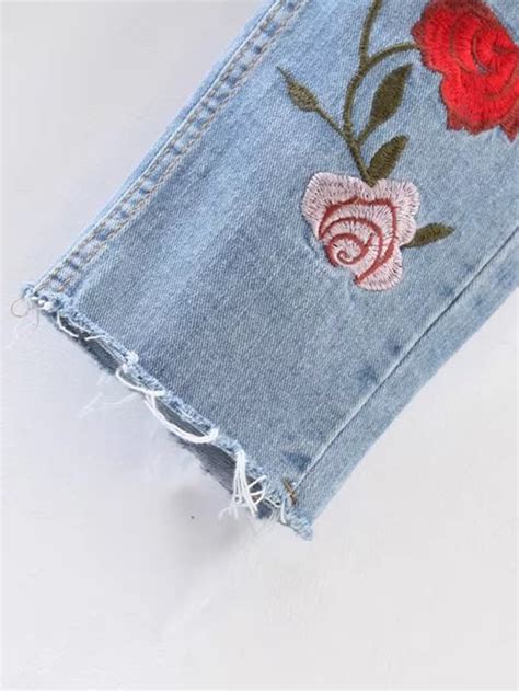 Ripped Detail Rose Embroidery Jeansfor Women Romwe