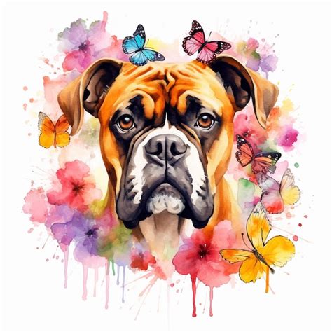 Premium Ai Image Painting Of A Boxer Dog With Butterflies And Flowers