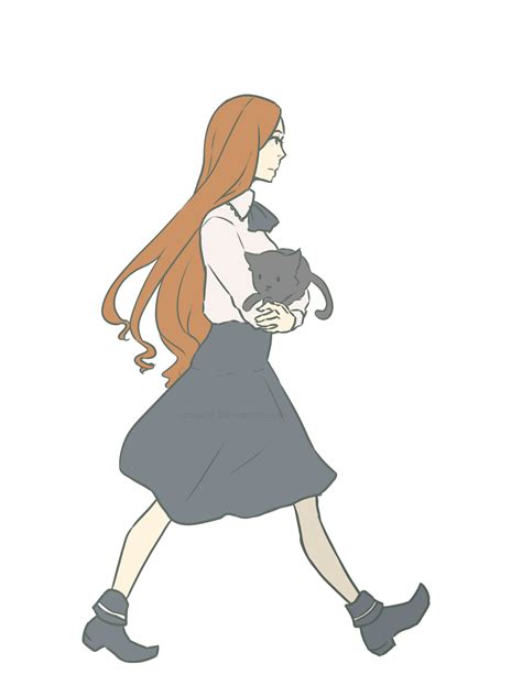 A Woman Walking With A Cat In Her Hand And Long Red Hair On The Other Side