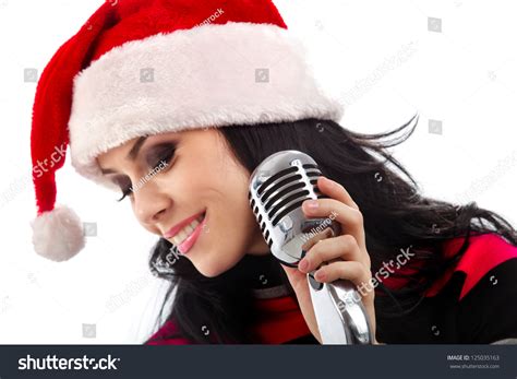 Christmas Singer Standing Front Microphone Isolated Stock Photo