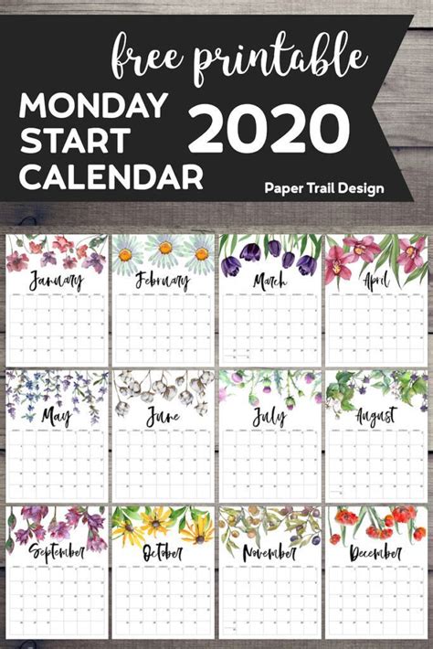 Free Printable 2020 Monday Start Calendar Floral Free Printables