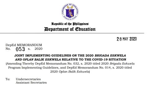 Brigada Eskwela And Oplan Balik Eskwela Implementing Guidelines 2020