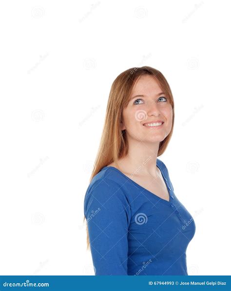 Pensive Young Woman With Blue Jersey Stock Image Image Of Cheerful