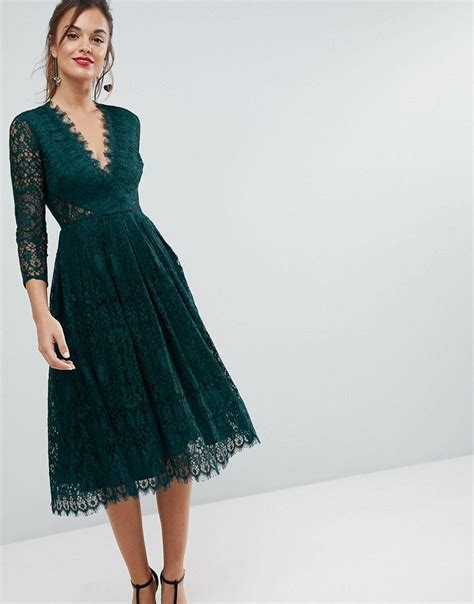 Asos Design Long Sleeve Lace Midi Prom Dress Abendkleid Abendkleid
