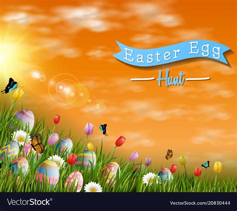 Happy Easter Eggs With Tulip Flowers And Butterfly