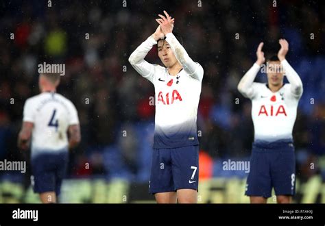 Tottenham Hotspurs Son Heung Min Centre Applauds The Fans During The