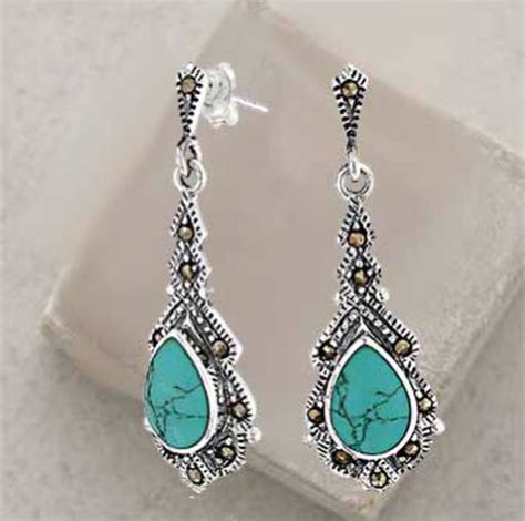 Teardrop Turquoise Marcasite Dangle Earrings Sterling Silver
