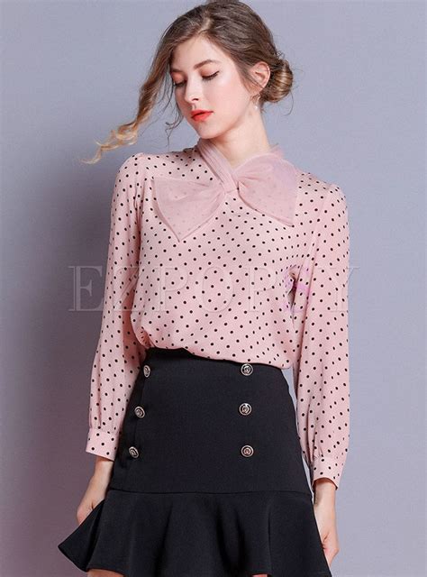 pink polka dot bowknot pullover blouse pink polka dots blouse women
