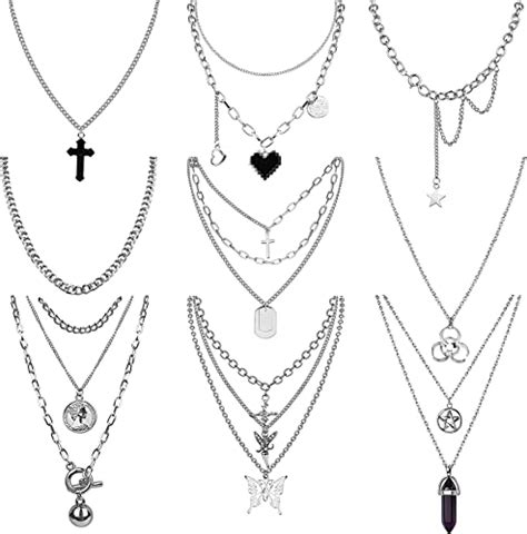 Kakonia 9 Pcs Silver Chain Necklaces Set Cool Y2k Emo Goth Punk Layered