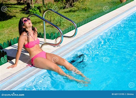Woman Enjoying Summer Vacation At Poolside Stock Image Image Of