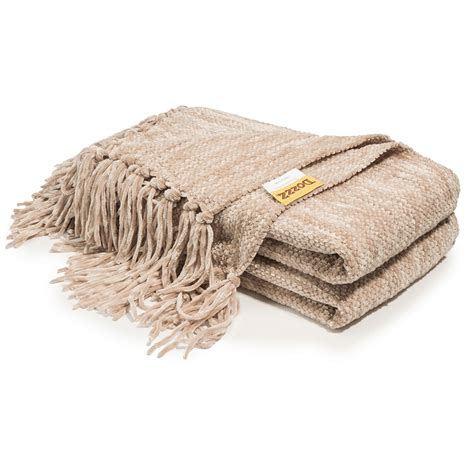 dozzz fluffy chenille knitted throw blanket with decorative fringe and striped for