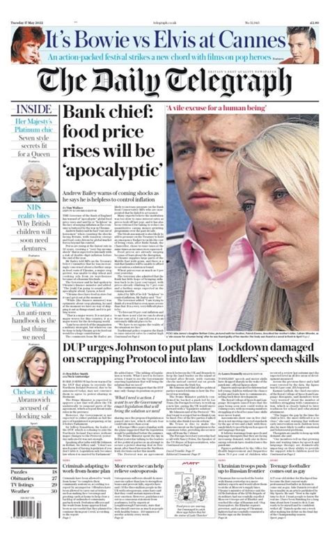 Daily Telegraph Front Page 17th Of May 2022 Tomorrow S Papers Today