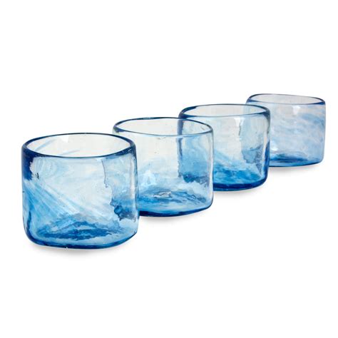 Set Of 4 Mexican Clear Blue Blown Glass Rocks Glasses 5 Oz Azure Mist Novica