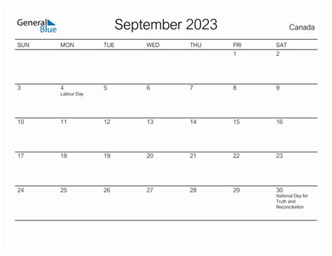 September 2023 Monthly Calendar With Canada Holidays