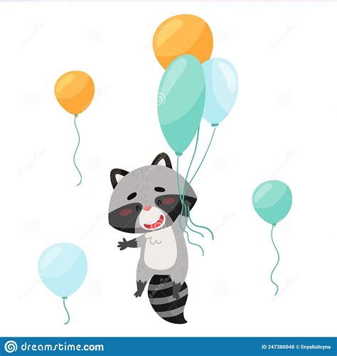The Raccoon Flies On Balloons In The Sky Balloons Are Flying Around