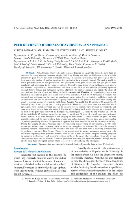 (PDF) Peer Reviewed Journals of Ayurveda - An Appraisal