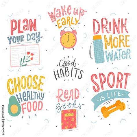 Set Of Good Habits Typographic Phrases For Stickers Card Poster