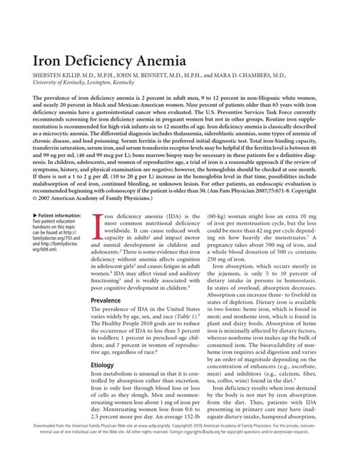 Iron Deficiency Anemia 2007 3 1 Aafp P671 Pdf