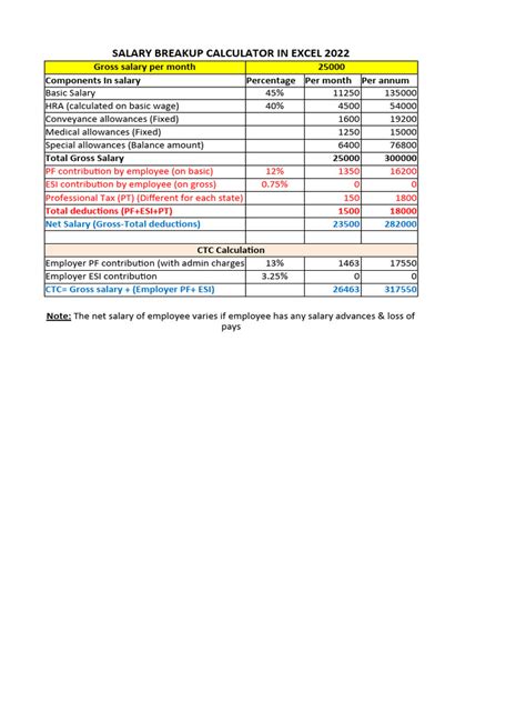 Salary Breakup Calculator Excel 1 Pdf