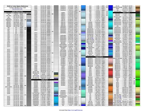 Rgb Color Selection Table Download Color Chart For Free Pdf Or Word