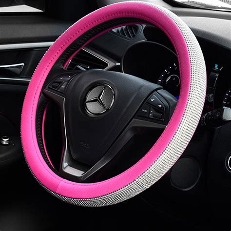 Pink Car Steering Wheel Cover 38cm Deluxe Pu Leather Bling Rhinestone