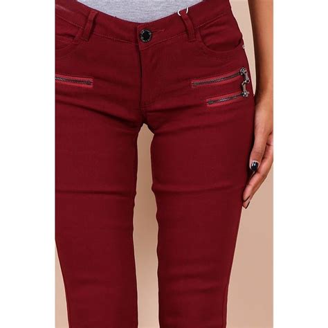 Sexy Damen Skinny Jeans Mit Zippern Bordeaux
