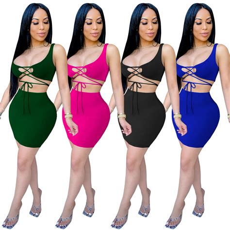 2020 Womens Sexy Two Piece Dress Club Mini Skirts Suits Stretchy Lace Up Boat Neck Bandage