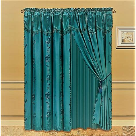 Nada Teal Turquoise Complete Window Curtain Set 2 Panels Faux Silk Leaf