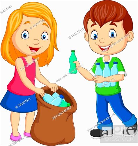 Vector Illustration Of Cartoon Kids Gathering Plastic Bottles Into