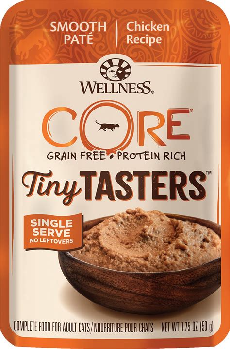 According to our records, none of the 100 wellness cat foods contain artificial food dyes. Wellness CORE Tiny Tasters Chicken Pate Grain-Free Cat ...