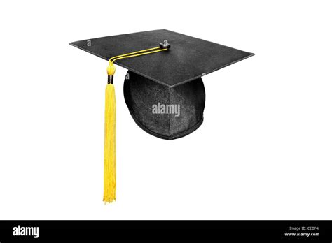 A New Mortar Board Graduation Cap With A Yellow Tassel Isolated On