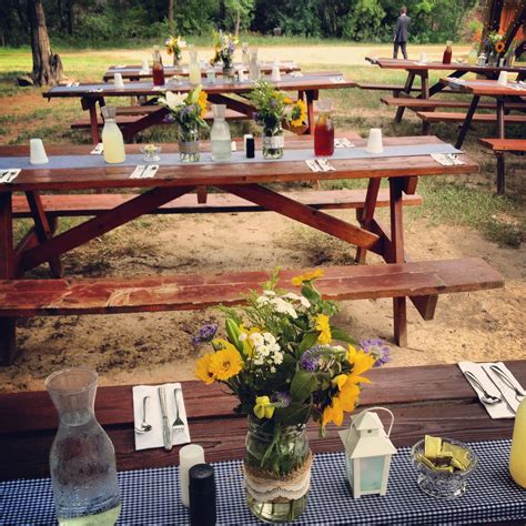 Daddy J Pavilion Picnic Tables Decorated In Beautiful Rustic Style For A July Wedding Sylvan