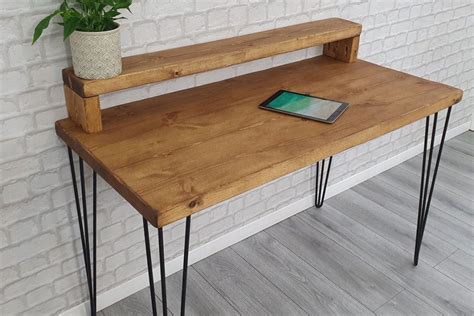 Solid Wood Chunky Rustic Hairpin Leg Desk With Monitor Stand Cedar