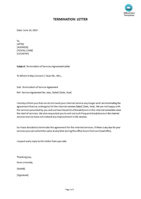 Termination Of Services Agreement Letter Example Templates At