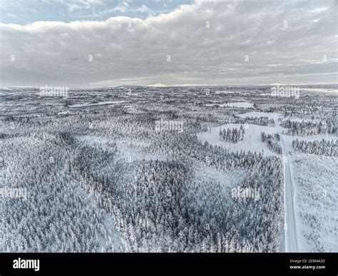 Drone Shot Of Swedish Forest And Road In Winter Stock Photo Alamy