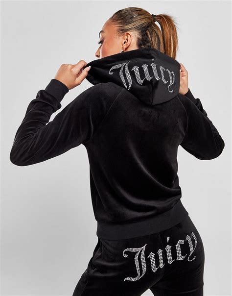 Black Juicy Couture Diamante Logo Velour Full Zip Hoodie Jd Sports Uk