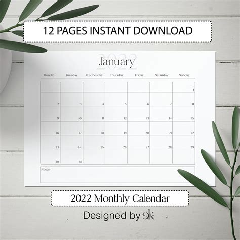 2022 Monthly Calendar Printable Calendar Template Landscape Etsy