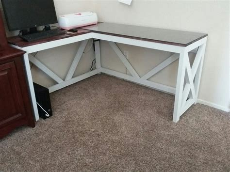 This farmhouse table has clean lines and nice turned legs. L shaped desk. .farmhouse, rustic My hubby made me (With ...