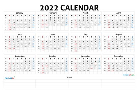 Printable Blank Calendar 2022 Landscape Pdf Image