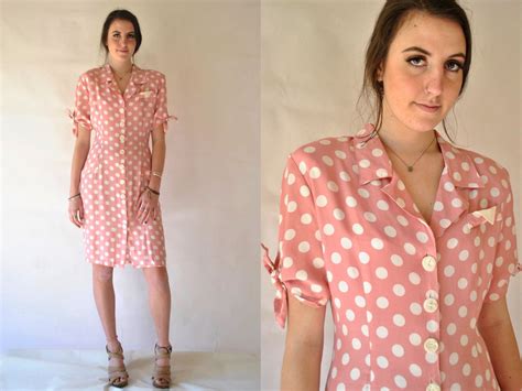 90s Pink Polka Dot Dress Vintage 1990s Button Up Spring Rayon Short Sleeve Pretty Woman Dress