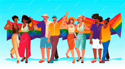 Premium Vector Mix Race Gays And Lesbians Holding Lgbt Rainbow Flag Pride Festival Transgender